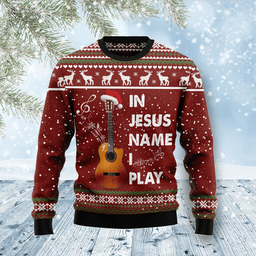 Musical Sweater - In Jesus Name I Play Guitar Ugly Xmas Sweater