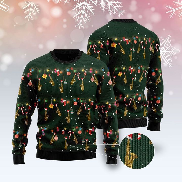 Music Sweater - Christmas Instrument Saxophone Ugly Christmas Sweater
