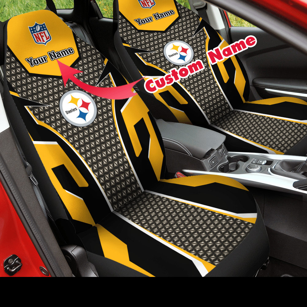HOT NFL Team Pittsburgh Steelers Custom Name Yellow-Grey 3D Seat Car Cover1
