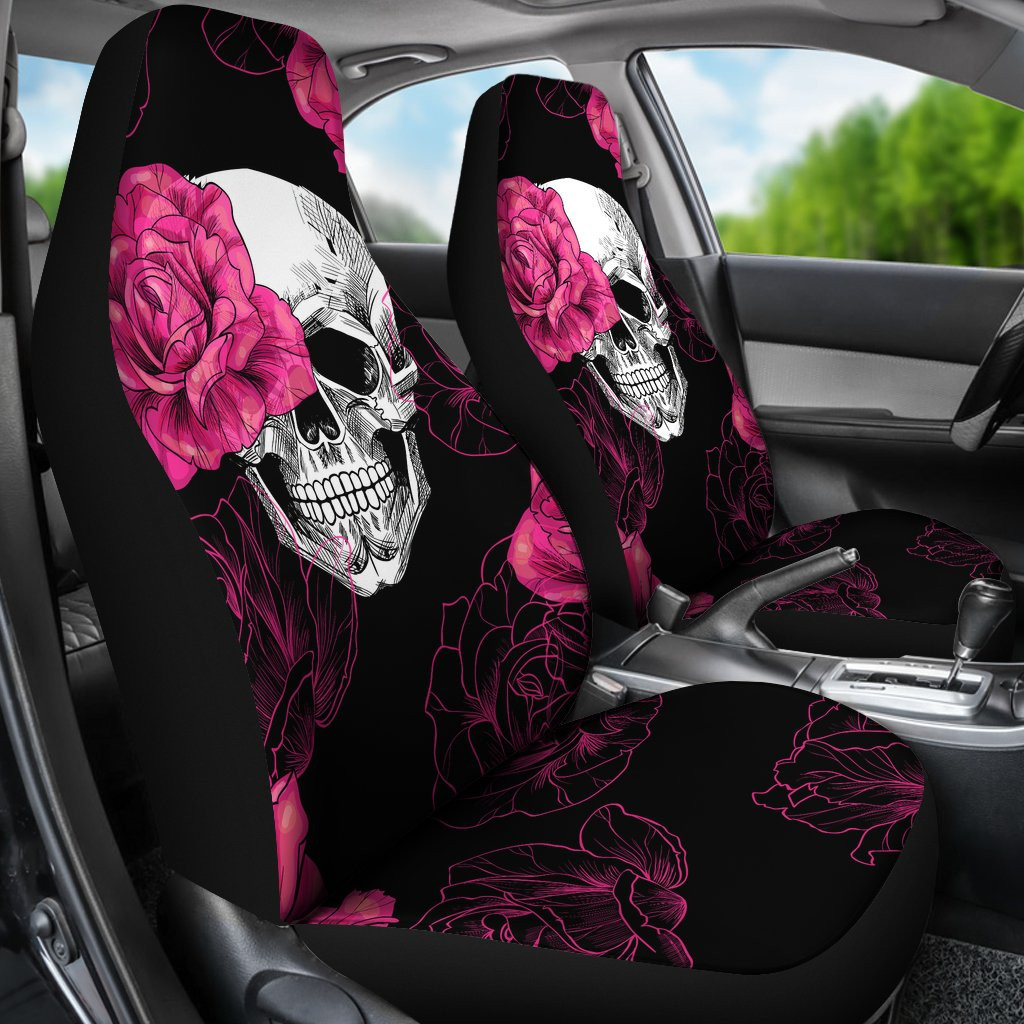 HOT Skull Pink Flowers 3D Seat Car Cover2