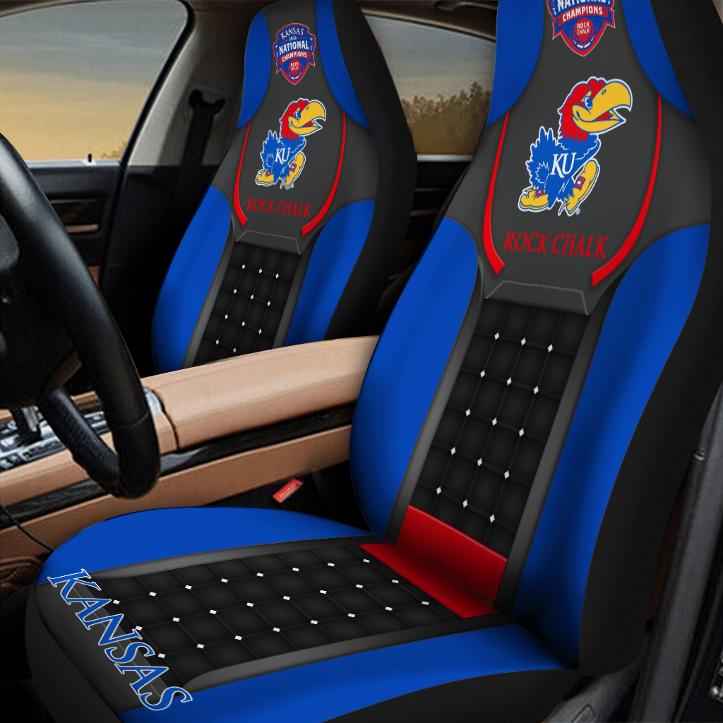 HOT NCAA Team Kansas Jayhawks Rock Chalk Black-Blue 3D Seat Car Cover1