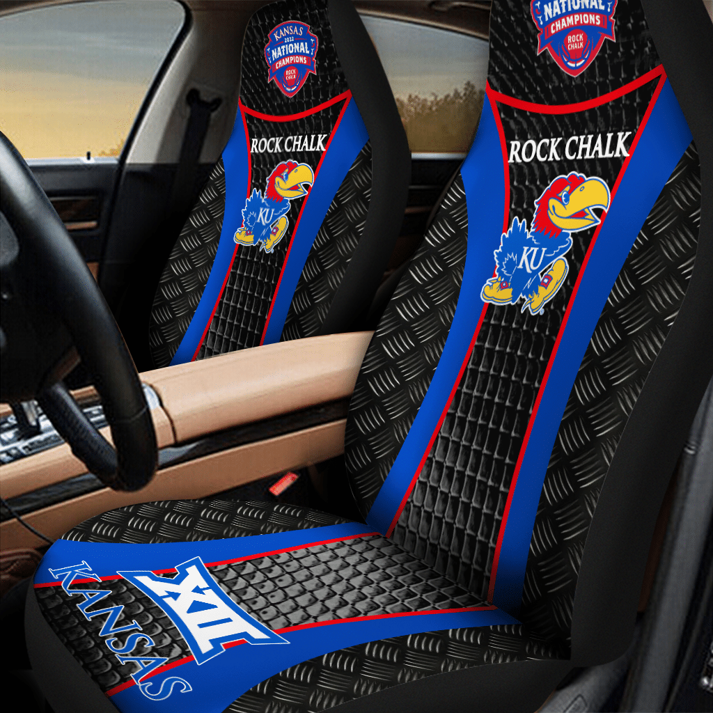 HOT NCAA Team Kansas Jayhawks Rock Chalk Blue-Black 3D Seat Car Cover1