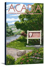 Acadia National Park - Park Entrance Sign & Moose - Centennial Rubber Stamp  Matte Canvas - Wall Art Decor