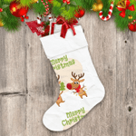 Two Deer In Scarf Holding Christmas Tree And Electric Garland Christmas Stocking