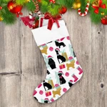 Christmas Puppies In Santa Hat With Vintage Color Christmas Stocking
