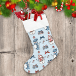 Candy Cane Gift And Christmas Snowman In Scarf Christmas Stocking