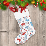 Happy Gnomes With Blue And Red Cap Gifts Boxes Heart Symbols Pattern Christmas Stocking