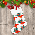 Red Striped Ribbon Bells Bow And Plants Christmas Stocking