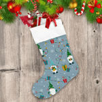 Friendly Gnomes With Lights And Gifts On Gray Background Christmas Stocking
