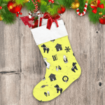 Cartoon Deer Black Horse Wreaths And Gnomes On Yellow Background Christmas Stocking