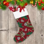 Red Gingham Background With Berries Candy Canes Pine Cones Christmas Stocking