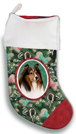 Glorious Sheltie Sable Christmas Stocking Green And Red Candy Cane Tree Christmas Gift