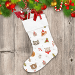 Cozy Christmas Cute Animal Head With Holly Berries Candy Pattern Christmas Stocking