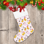 Christmas Cute Duckling And Candy On Pink Christmas Stocking