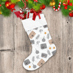 Cozy Winter Illustration Pattern With Gift Boxes Leaves And Ornaments Christmas Stocking