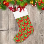 Christmas Cactus Green With Gold Line On Red Christmas Stocking