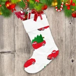 Cartoon Style Red Truck Carrying Tall Tree On White Background Christmas Stocking