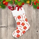 Red Christmas Gift Box And Candy Cane Christmas Stocking