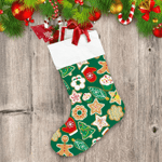 Separate Shaped Of Gingerbread Cookies Green Background Christmas Stocking