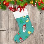 Cartoon Santa Claus Bell Sock Tree On Green Background Christmas Stocking