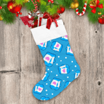 Cute Cold Blue Xmas Background With Snowflakes And Heart Mittens Christmas Stocking