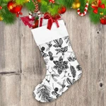 Sketching Style Winter Plants With Holly Leaves Berries Cones Christmas Stocking