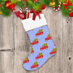 Falling Snow Theme With Pickup Truck Carries Green Gift Boxes Christmas Stocking