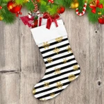 Abstract Gold Glittering Snowflakes On Black And White Striped Christmas Stocking