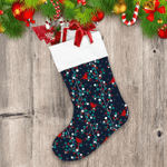 Stylized Holly Berries And Cardinal Birds On Black Background Christmas Stocking