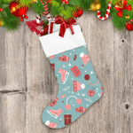 Winter Holiday Pattern With Skates Warm Clothes Mittens Wollen Hat Christmas Stocking