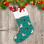 Dogs In Winter Clothes On Green Christmas Stocking