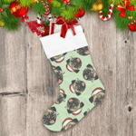 Bulldogs Head With Red Hat On Green Christmas Stocking