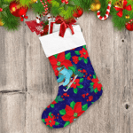 Christmas Poinsettia And Skates On A Blue Background With Snowflakes Christmas Stocking