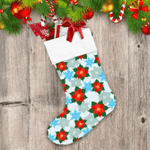 Beautiful Red Christmas Poinsettia And Blue Snowflakes Christmas Stocking