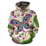 Butterfly Colorful Indian 3D All Over Printed Hoodie, Zip- Up Hoodie