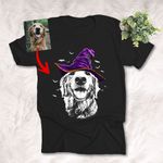 Witch Hat Funny Halloween Customized Dog Photo Sketch T-Shirt Dog Lover