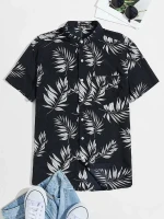 Men Mock Neck Pocket Front Plants Print Shirt Hawaiian Shirt