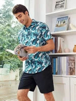 Men Tropical Print Shirt Shorts Set Hawaiian Shirt