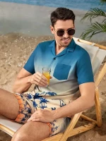 Men Notched Collar Tropical Print Ombre Shirt Hawaiian Shirt