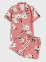 Men Notched Collar Floral Print Shirt Shorts Set Hawaiian Shirt