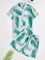 Men Tropical Print Button Up Shirt Shorts Hawaiian Shirt