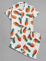 Men Pineapple Print Shirt Shorts Hawaiian Shirt