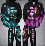 Wolf Couple Wild Safe Cyan And Pink Couple Hoodie Set