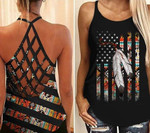 Native US Flag Striped and Star Feather Criss Cross Tank Top