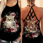Owl With Pink Flower Criss Cross Tank Top
