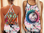Peace Hippie Symbol With Leaf And Feathers Criss Cross Tank Top