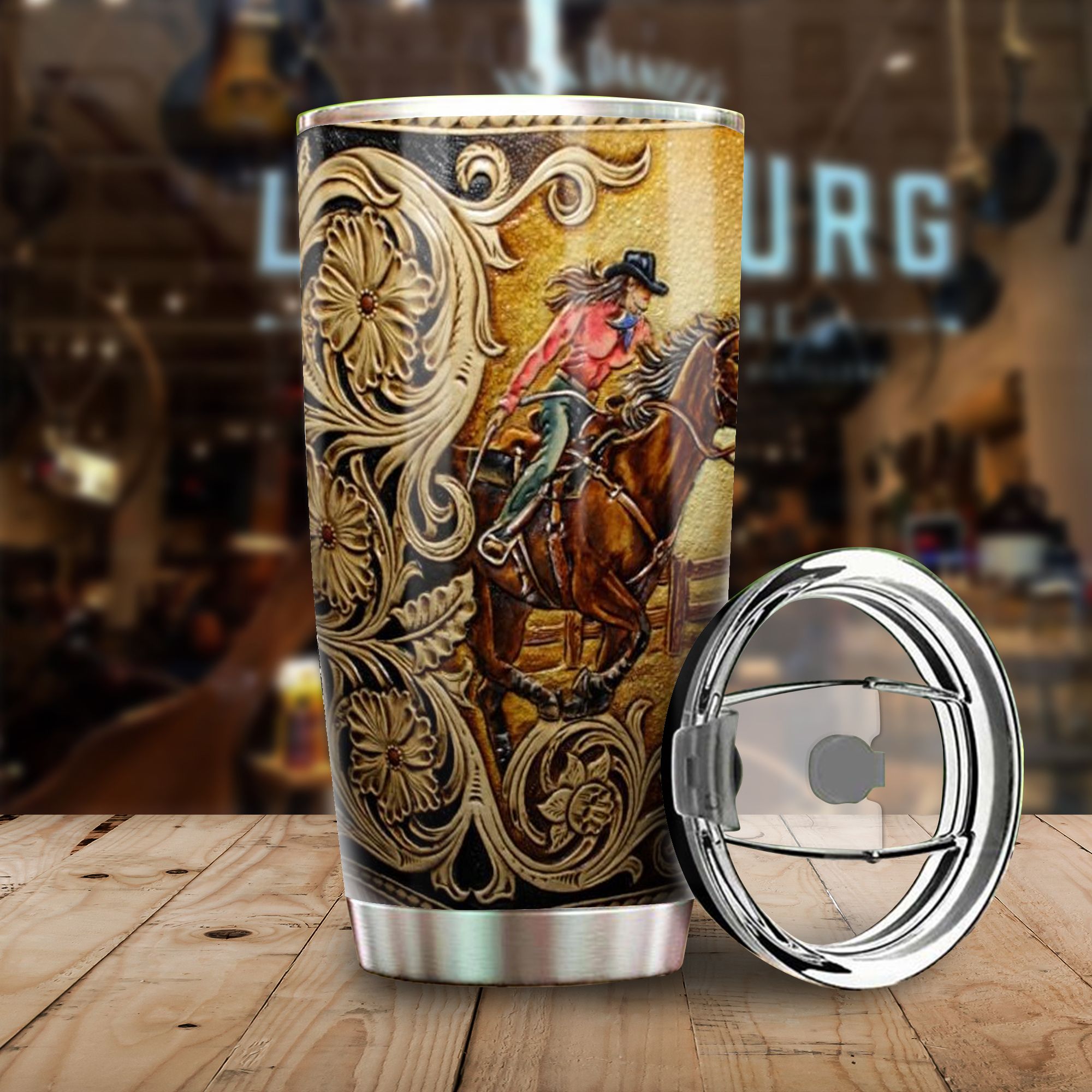 Cowgirl Riding Horse Floral Tumbler PAN