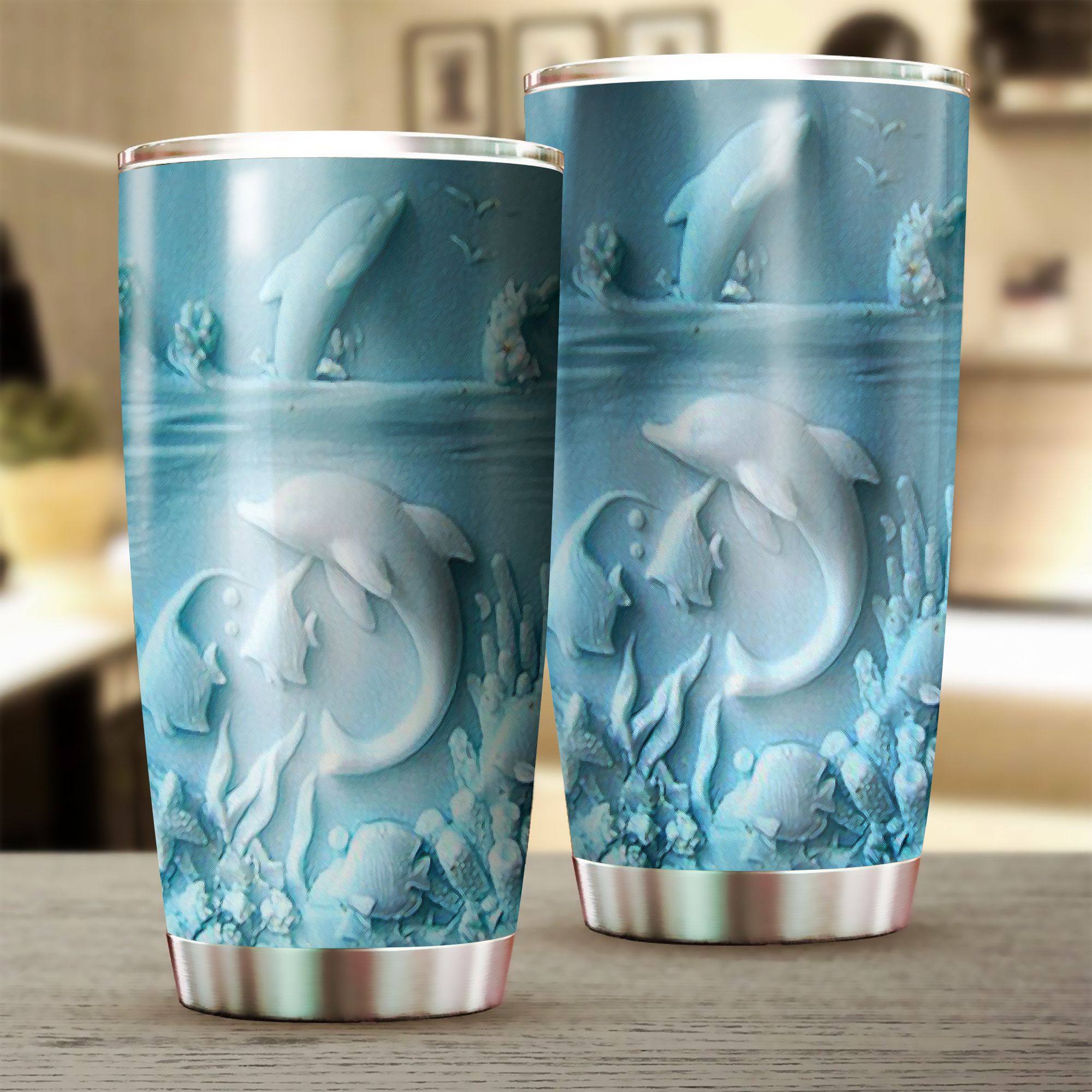 Dolphins 3D Printed Teal Tumbler