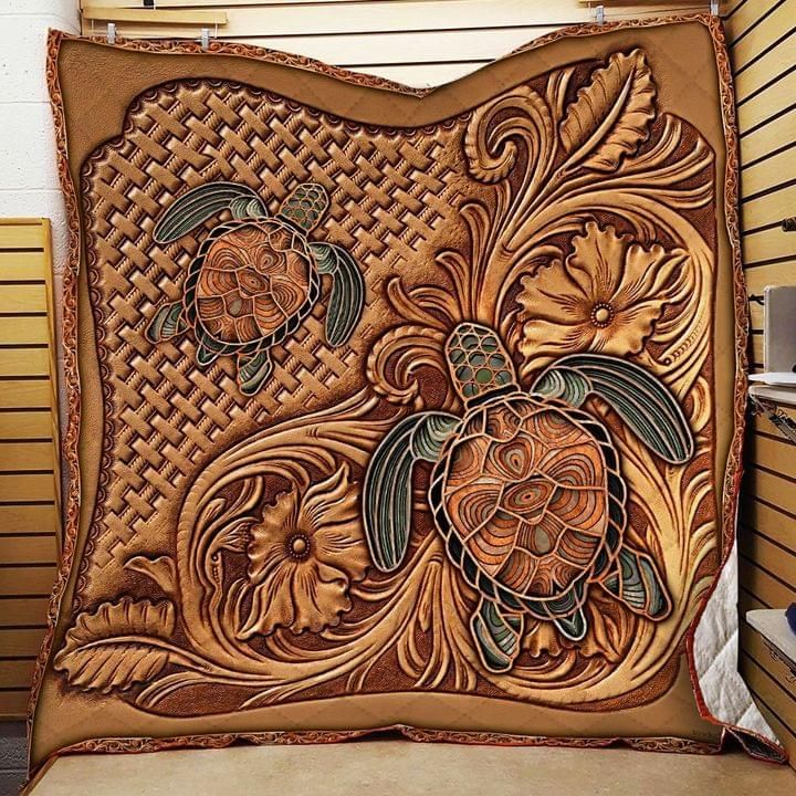 Turtle And Flowers Leather Carving Printed Fleece Blanket