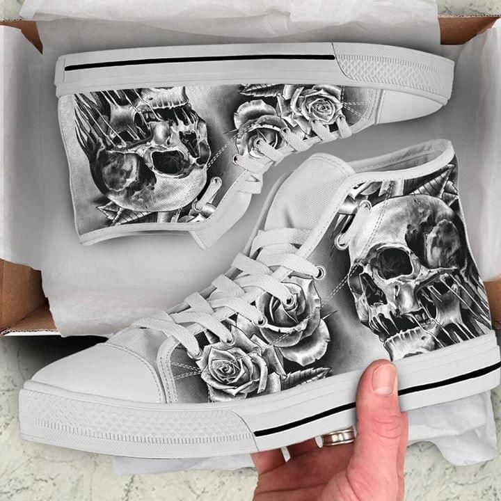 Skull And Flowers White High Top Shoes